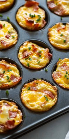 mini pizzas with cheese and bacon in a muffin tin