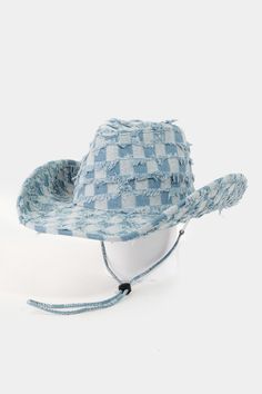 This cowboy hat showcases a timeless checkered fringe denim style. Immerse yourself in fashion finesse with this statement accessory. Comes with an adjustable inner string. Pieces: 1-piece Material: 100% polyester Imported Denim Cowboy, Wide Brim Felt Hat, Cowboy Chic, Fedora Hat Men, Chapeau Cowboy, Blue Checkered, Denim Style, Dress Hats, Felt Hat