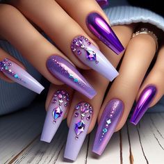 Bling Acrylic Nails Purple, Long Purple Nail Designs, Acrylic Nails Rhinestones Bling, Purple Freestyle Nails, Purple Nails With Gems, Dope Nail Designs Swag, Artificial Nails Designs, Nails Violet, Nails Lilac