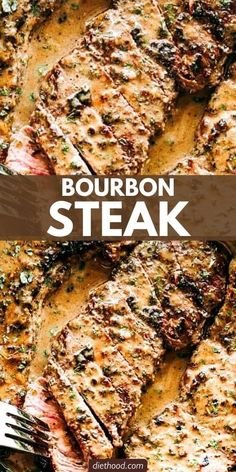 grilled bourbon steak on a pan with a fork and spoon in it, ready to be eaten