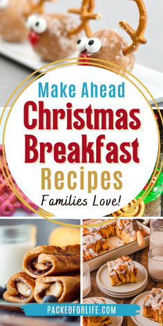 Festive make ahead Christmas breakfasts for kids featuring fun reindeer donuts, colorful waffles, cinnamon roll casseroles that are simple holiday meals for the whole family. Christmas Day Breakfast For Kids, Pancake Christmas Breakfast, Christmas Breakfast For Dinner, Breakfast For Dinner Christmas Party, Christmas Breakfast No Eggs, Christmas Breakfast Basket Ideas, Santa Brunch Ideas, Holiday Breakfast Ideas For Kids, Pancakes And Pajamas Christmas Party