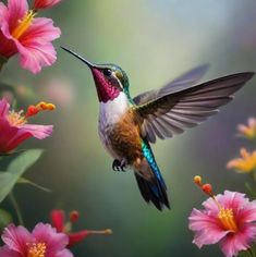 a hummingbird hovering over pink flowers with its wings spread out and it's beak open