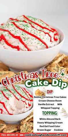 christmas tree cake dip recipe in a white bowl with red and green sprinkles