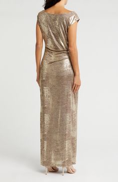 Show off captivating shine in this foiled jersey dress fashioned with a elegantly draped cowl neck and gracefully gathered waist. 58" length Slips on over head Cowl neck Sleeveless Lined 95% polyester, 5% spandex Hand wash, dry flat Imported Metallic Draped Fitted Dress, Metallic Fitted Draped Dress, Gold Ruched Draped Dress, Glamorous Draped Metallic Dresses, Gold Draped Ruched Dress, Fitted Sleeveless Shimmer Maxi Dress, Fitted Sleeveless Maxi Dress With Shimmer, Sleeveless Shimmer Maxi Dress For Gala, Metallic Ruched Sleeveless Dress