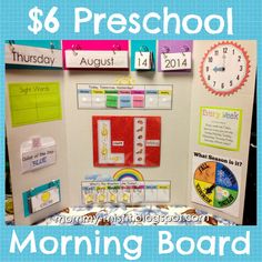 a bulletin board with the words morning board written on it, and an image of a clock