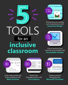 5 tools for an inclusive classroom

-Providing focus for reading and comprehension with Immersive Reader
-Ensure resources and materials are accessible with Accessibility Checker
-Lower math anxiety and build confidence with Math Assistant
-Break down language barriers with Live Captions
-Create a sense of belonging with Microsoft Translator Social Scripts, Inclusive Classroom, Instructional Materials, Education Tools, Self Advocacy, Inclusion Classroom, Todays Weather, Education Technology, Technology Tools