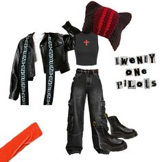 a doll is dressed up in black and red with accessories including boots, jacket, hat, scarf