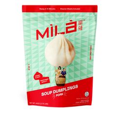 a bag of soup dumplings on a white background with the word mild written in chinese