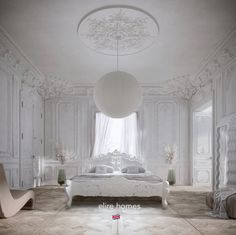 a bedroom with white walls and flooring has a large round light fixture hanging from the ceiling