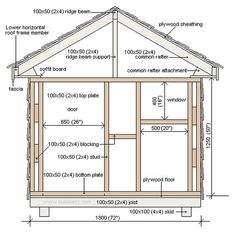 a shed with measurements for the roof and side walls, including the top window area