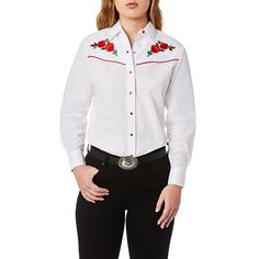 Ely Cattleman Women's Long Sleeve Snap Front Rose Embroidery Western Shirt, 15303801 White Western Shirt, Red Rose Embroidery, Western Embroidery, Rodeo Shirts, Low Waist Jeans, Cowgirl Shirts, Pretty Shirts, Rose Embroidery, Women Rising