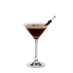 an alcoholic drink in a martini glass with a garnish on the rim and a stick sticking out of it