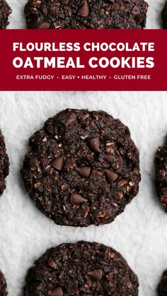 four chocolate oatmeal cookies on parchment paper with text overlay that says flourless chocolate oatmeal cookies