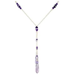 Long hand knotted natural seed pearl and natural Amethyst drop necklace. We estimate there are 2,500 natural pearls in the necklace. The range from 1.15 - 1.52mm. The GIA certifies the pearls as Pinctada species natural salt water pearls, no treatments of any kind. The necklace is strung with fine bright purple natural Amethyst and clear Quartz crystal beads. The Amethyst is certified by the AGL as natural drilled Briolette purple Quartz Amethyst, no heat and no enhancements. 32 inch length. 22 Art Deco Pearl, Amethyst Art, Purple Quartz, Water Pearls, Amethyst Beads, Bright Purple, Seed Pearl, Clear Quartz Crystal, Drop Necklace