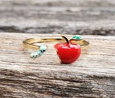 Apple & Worm Ring. Adjustable. Gift For Birthday, Christmas, Gifts For Her, Gift For Mom, Kids by TreeTownPaper on Etsy Fun Handmade Rings For Gifts, Fun Handmade Rings As Gifts, Handmade Fun Rings As Gifts, Red Novelty Jewelry For Birthday, Cute Red Ring For Gift, Cute Red Ring As Gift, Adjustable Fun Rings For Gifts, Cherry Blossom Ring, Hummingbird Jewelry