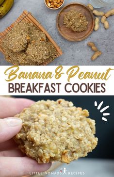 banana and peanut breakfast cookies are shown in this collage with the title above it