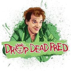 a drawing of a man holding a sign that says drop dead fried on it's side