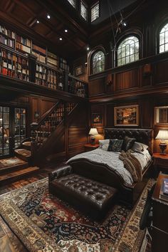 a large bed sitting in the middle of a bedroom next to a book shelf filled with books