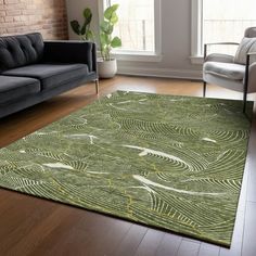 a living room filled with furniture and a green rug