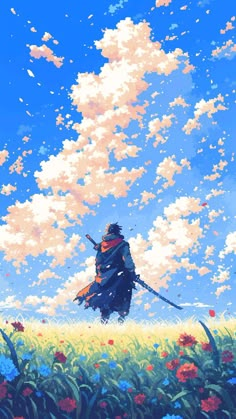 a painting of a person standing in a field with flowers and clouds behind them, looking up at the sky