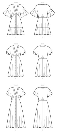 the front and back views of dresses with buttons on each side, from left to right