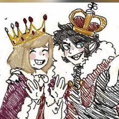 a drawing of two people with crowns on their heads, one holding the other's hand