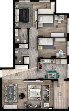 an overhead view of a floor plan with furniture and kitchenette in the center,