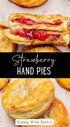 strawberry hand pies stacked on top of each other with text overlay reading strawberry hand pies