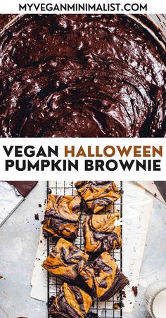 vegan halloween pumpkin brownies on a cooling rack