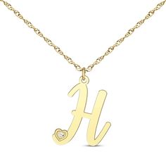 Let your love shine with this eye-catching initial necklace. The letter of your choice is touched with a round-cut diamond accent in a petite heart-shaped frame. Crafted in 14K yellow gold, the pendant suspends along an 18-inch rope chain that secures with a spring ring clasp and is adjustable from 16 to 18 inches. Yellow Gold Diamond Initial Pendant Necklace For Anniversary, Yellow Gold Diamond Necklace With Initial Pendant For Anniversary, Yellow Gold Initial Necklace With Heart Pendant, Yellow Gold Diamond Necklace With Initials For Anniversary, Valentine's Day Yellow Gold Initial Name Necklace, Anniversary Yellow Gold Diamond Necklace With Initials, Personalized 14k Gold Diamond Initial Pendant Necklace, Personalized 14k Gold Diamond Necklace With Initial Pendant, Personalized Initial Pendant Diamond Necklace In 14k Gold