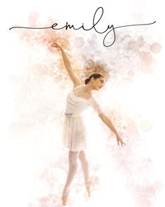 a woman in white is dancing with her hand up and the word embly above her head