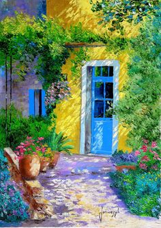 a painting of a house with blue doors and flowers in the front yard, on a sunny day