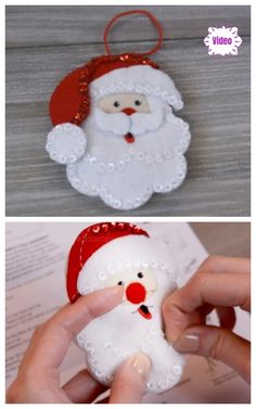 two pictures of santa clause ornaments being held by someone