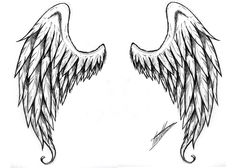 two black and white angel wings on a white background, one is drawn in pencil