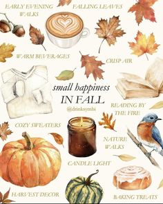 watercolor fall clipart with coffee, pumpkins and other things to make it look like autumn