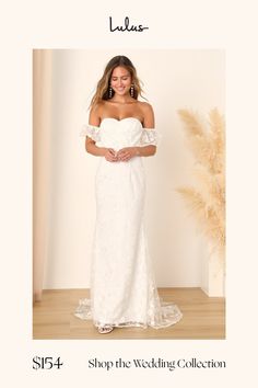 The best way to celebrate the start of the rest of your life is with the Lulus Magical Beginnings White 3D Floral Embroidered Maxi Dress! A sheer lace-like mesh overlay (atop a matching knit liner) boasts an array of floral embroidery and floral applique details that lend a lace-like, 3D effect throughout this stunning dress. Short puff sleeves (with elastic at the shoulders and cuffs) frame the off-the-shoulder bodice and a sweetheart neckline with hidden no-slip strips. The high, fitted waist Lace Dresses With Sweetheart Neckline For Ceremony, Sweetheart Neckline Lace Dress For Ceremonies, Ceremony Lace Dress With Sweetheart Neckline, Lace Floor-length Ceremony Dress, Gala Lace Dress With Floral Embroidery, Fitted Lace Gown With Floral Embroidery, Fitted Lace Dress With Floral Embroidery, Fitted Lace Patchwork Dress For Ceremonies, Fitted Lace Dress For Ceremony