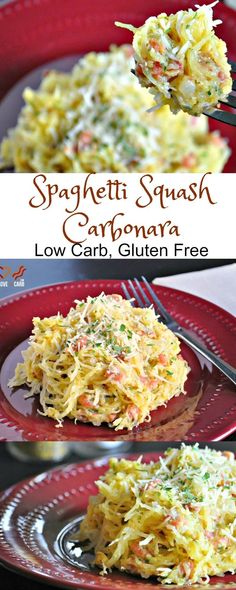 spaghetti squash and cabbage casserole is served on a red plate with a fork