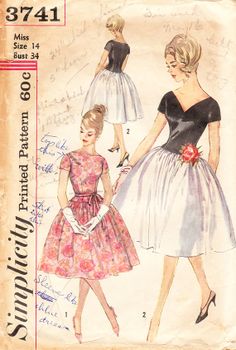 a woman's dress pattern from the 1950's is shown in this image