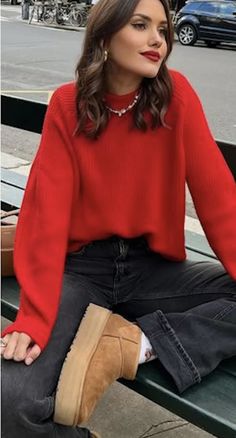 Red Shirt Red Lipstick Outfit, Red T Shirt Outfit, Red Jumper Outfit, Red Lipstick Outfit, December Outfits, T Shirt Outfit, Jumper Outfit, Red Jumper, Style 2023