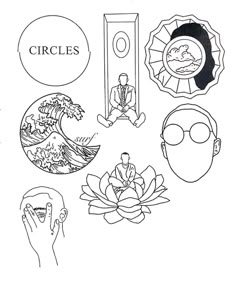 a black and white drawing of various things that are in front of a person's face