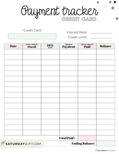 a printable payment tracker for credit cards