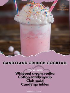 a pink drink with sprinkles and two strawberries on top is featured in this ad