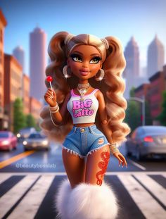 a barbie doll is standing on the street