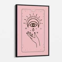 a pink poster with an all seeing eye and hand holding it up to the viewer