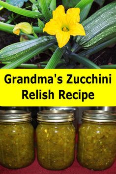 grandma's zucchini relish recipe with three jars in front of it