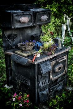 an old fashioned stove sitting in the middle of some plants and flowers on top of it