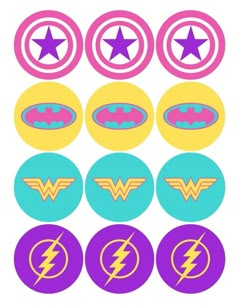 the logos for various superheros are shown in different colors and sizes, including pink, blue