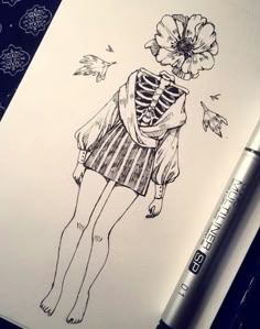 a drawing of a girl with a flower in her hair and a skeleton on her back