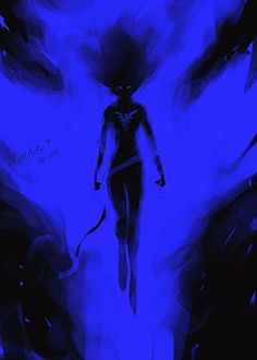 an abstract painting of a person walking in the dark with blue light coming from behind