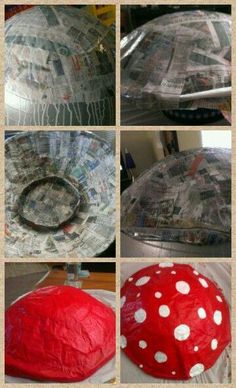 several pictures of different hats made out of newspaper strips and plastic wrappers, with white polka dots on them